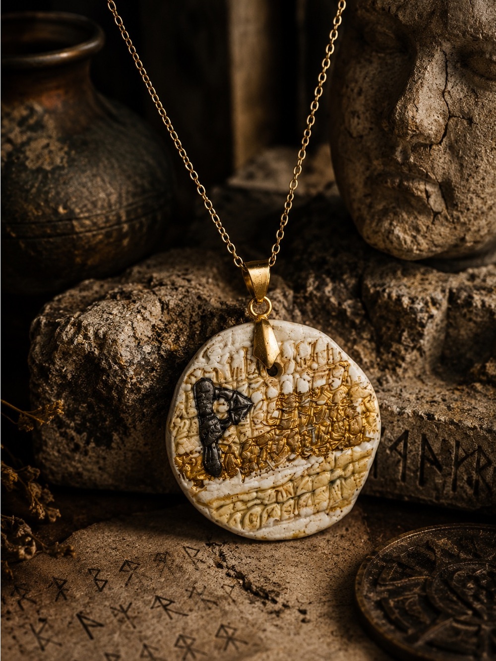 Ancient Viking Rune Necklace Handmade Nordic Ceramic Artifact Pendant - Picture 9 of 10